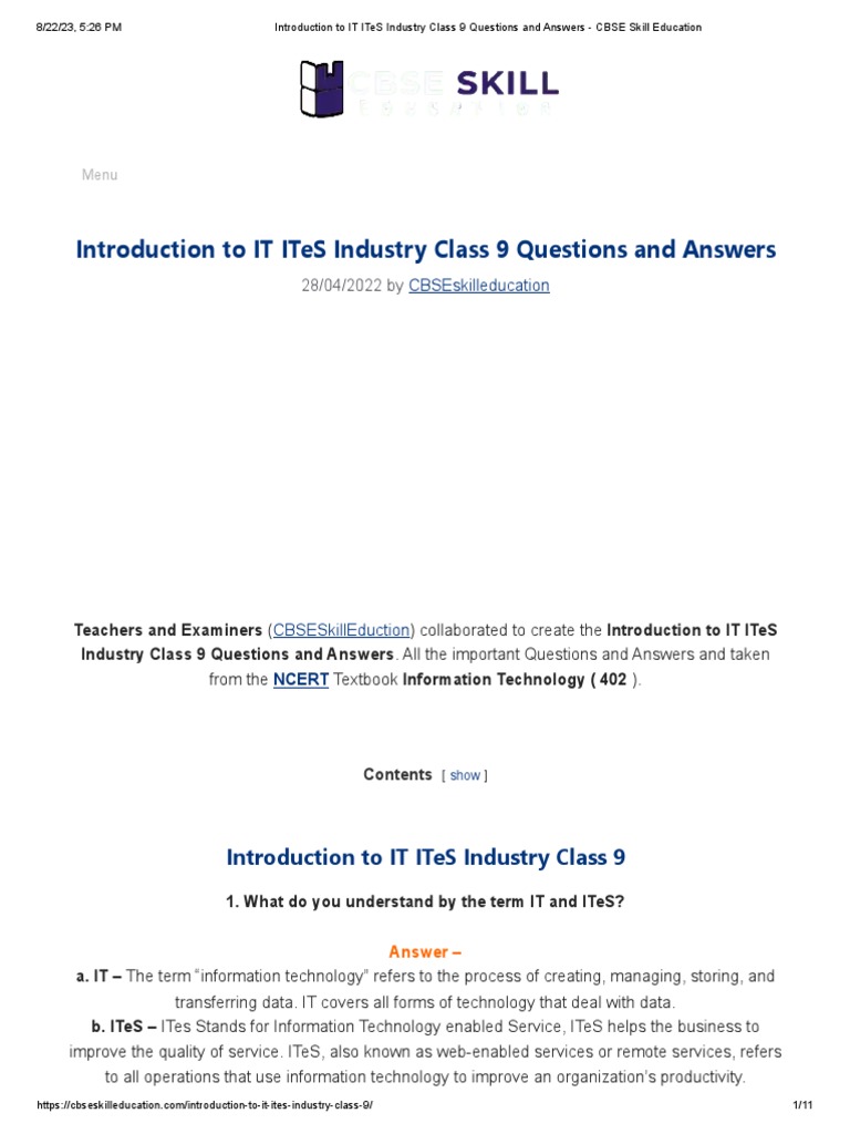 introduction-to-it-ites-industry-class-9-questions-and-answers-cbse