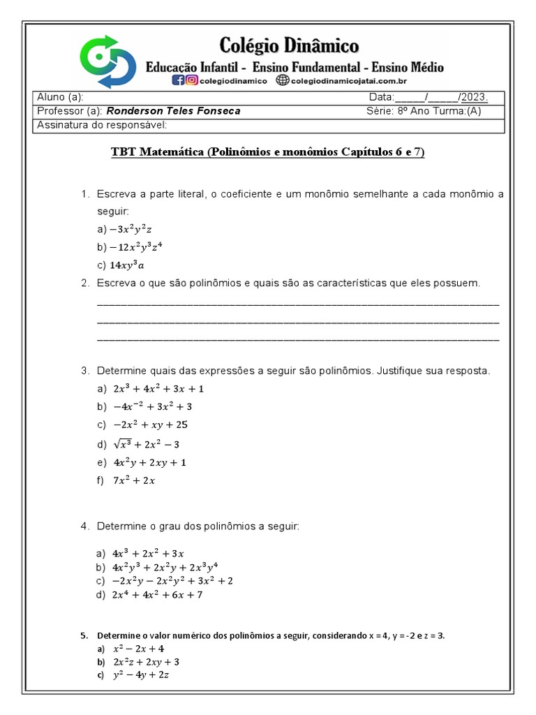 TBT+Matem%c3%a1tica+8%c2%b0+Ano+2%c2%b0+Bimestre+Polinomio | PDF ...