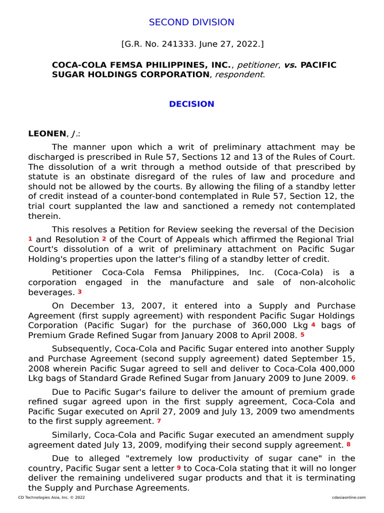 CocaCola Femsa Phils. Inc. vs. Pacific Sugar Holdings Corporation