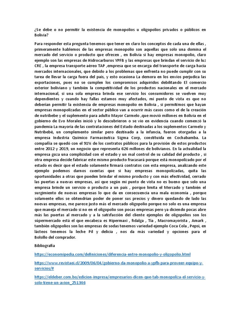 Se Debe o No Permitir La Existencia de Monopolios U Oligopolios ...