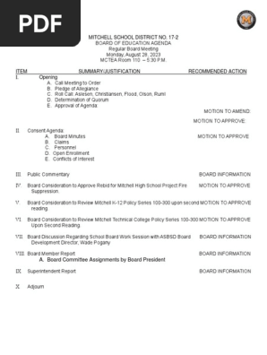 Mitchell Board of Education Aug. 28 Meeting Agenda