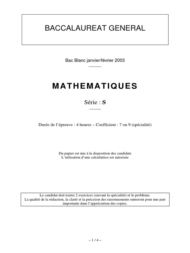Bac Blanc Maths 2003 - Série S | PDF | Fonction (Mathématiques ...