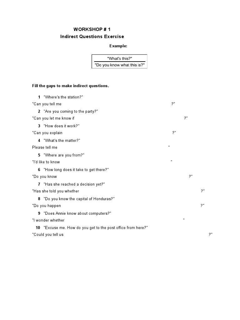 Indirect Questions Workshop 1 | PDF | Games & Activities