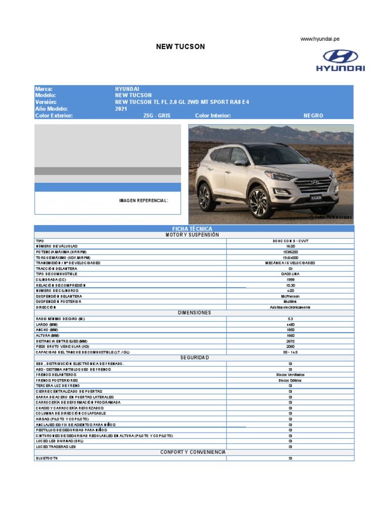 Ficha Tecnica NEW TUCSON TL FL 2.0 GL 2WD MT SPORT RA8 E4 | PDF ...