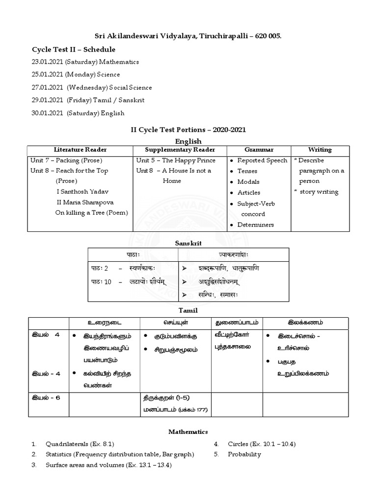 Class 9 Cycle Test Schedule & Portions | PDF