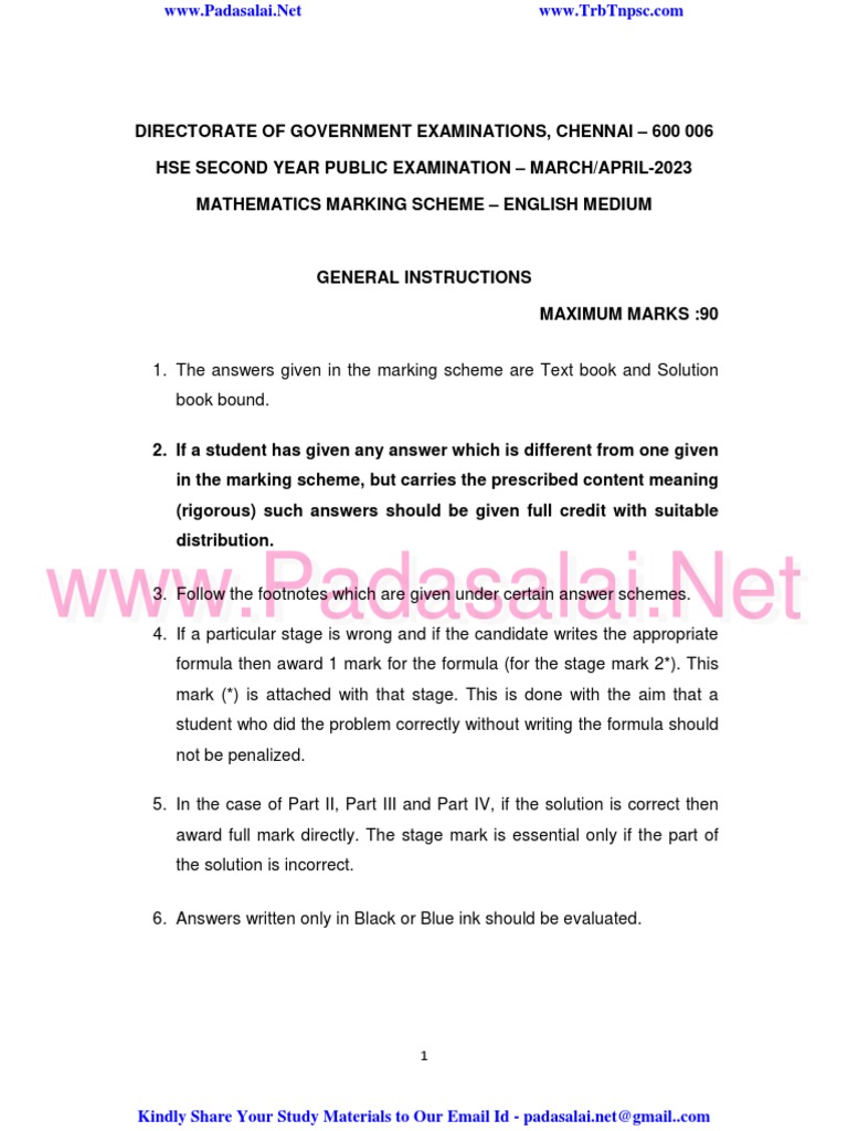 12th Maths Em Official Answer Key To Public Exam March 2023 English