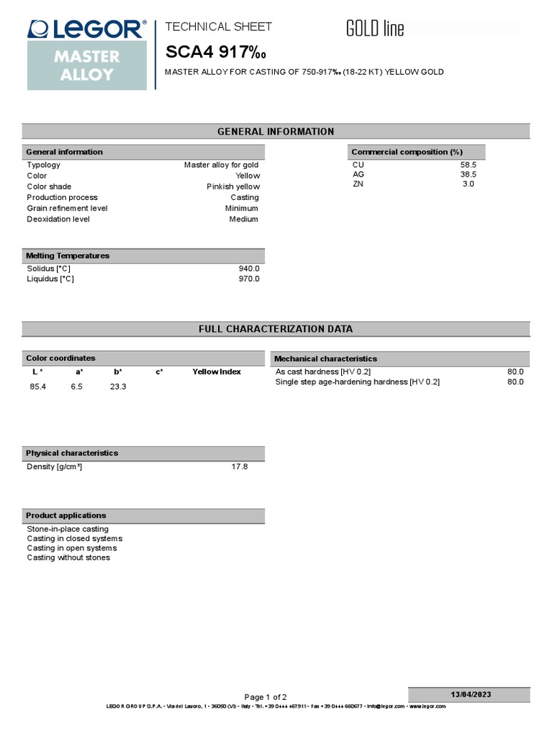 Legor SCA4 Yellow Gold Alloy Data | PDF | Alloy | Materials