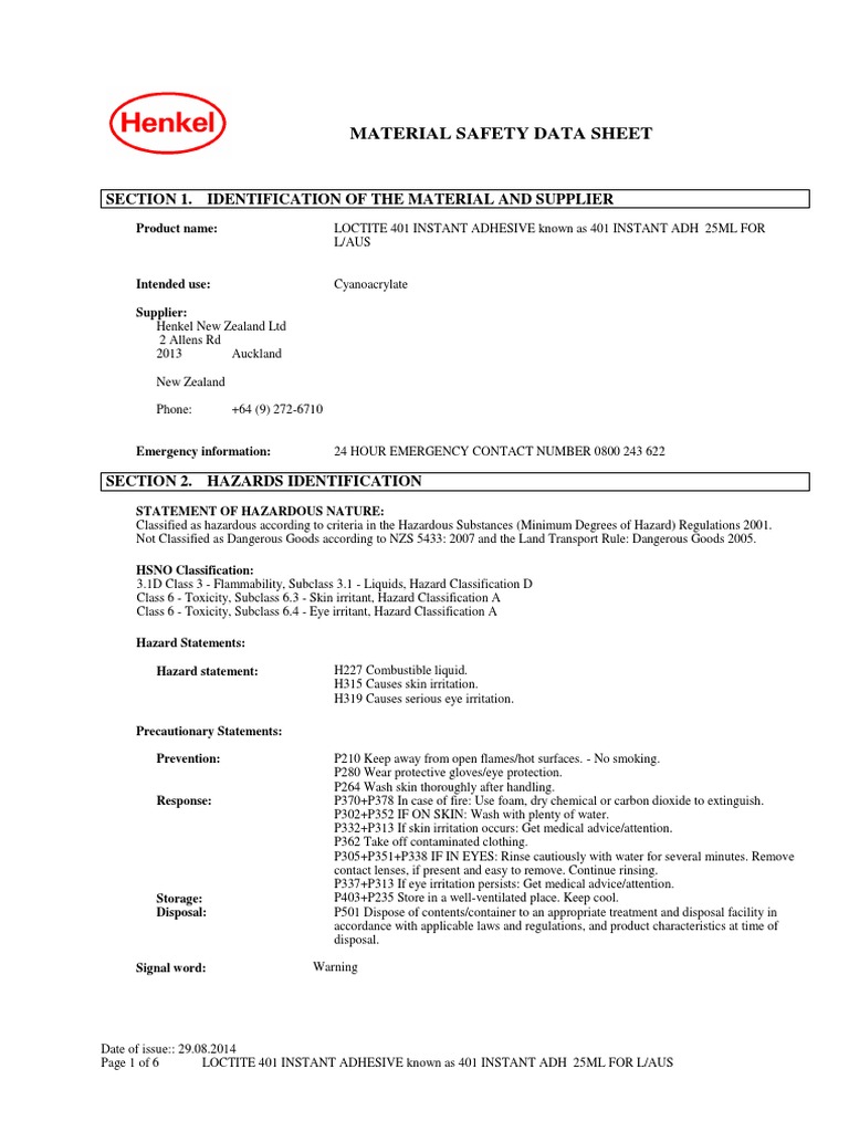 Loctite 401 MSDS 2014 PDF