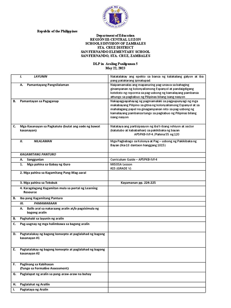 DLP Araling Panlipunan 4th Quarter PDF