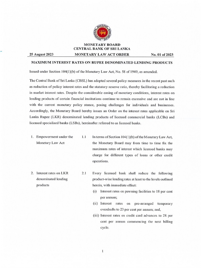 CBSL-Order On Maximum Interest Rates On Sri Lanka LKR Denominated ...