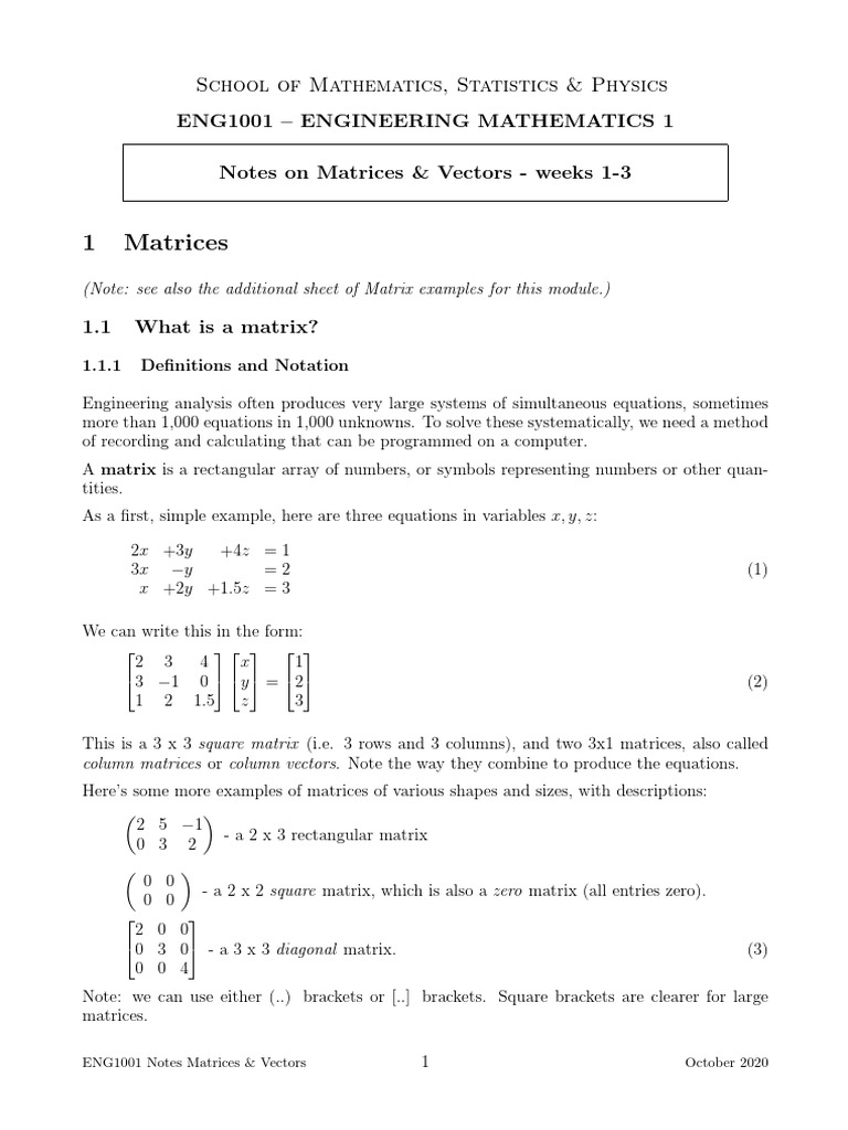 ENG1001 Notes Matrices and Vectors | PDF