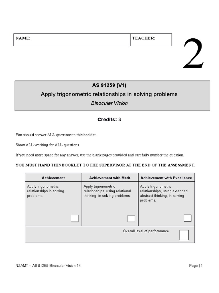 2014 Binocular VisionQuestions PDF Trigonometry Angle