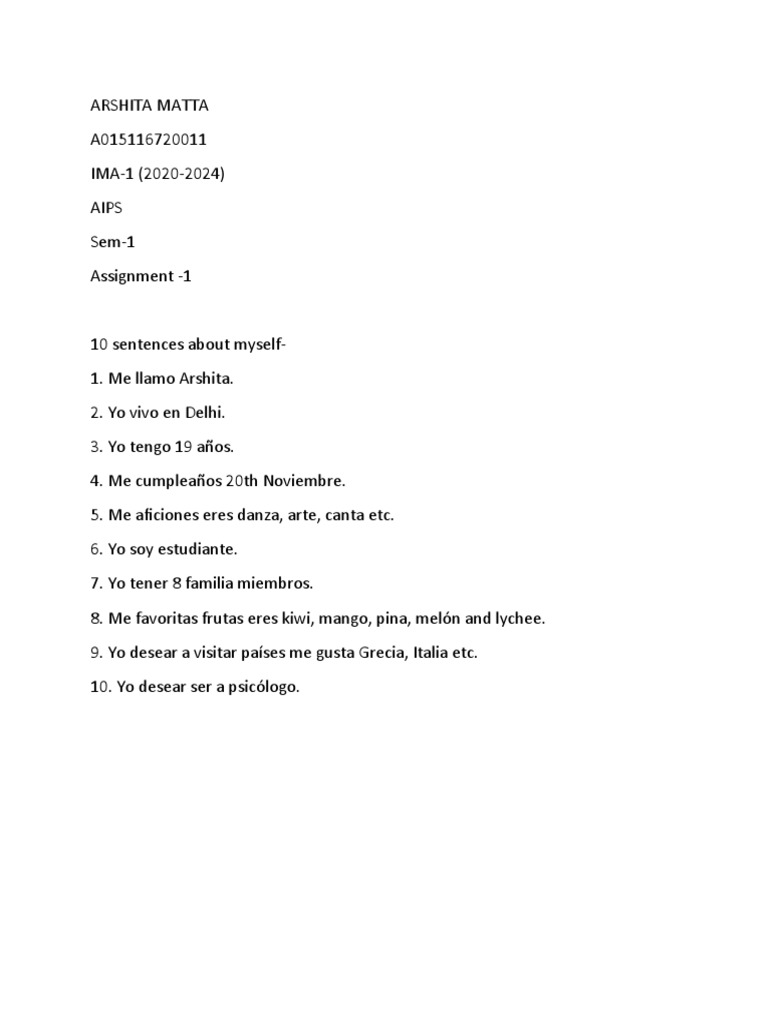 Arshita Matta 0011 Spanish Assignment 1 PDF