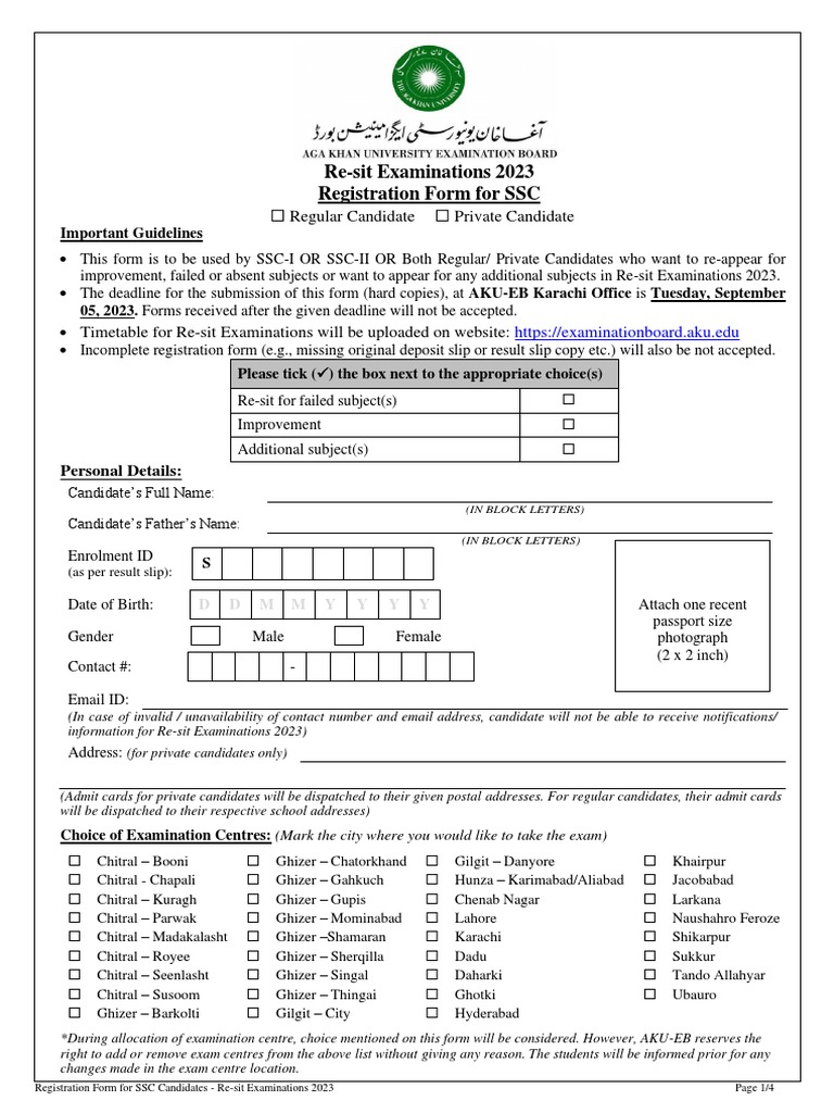 SSC Candidate Registration Form - Re-Sit Examinations 2023 | PDF ...