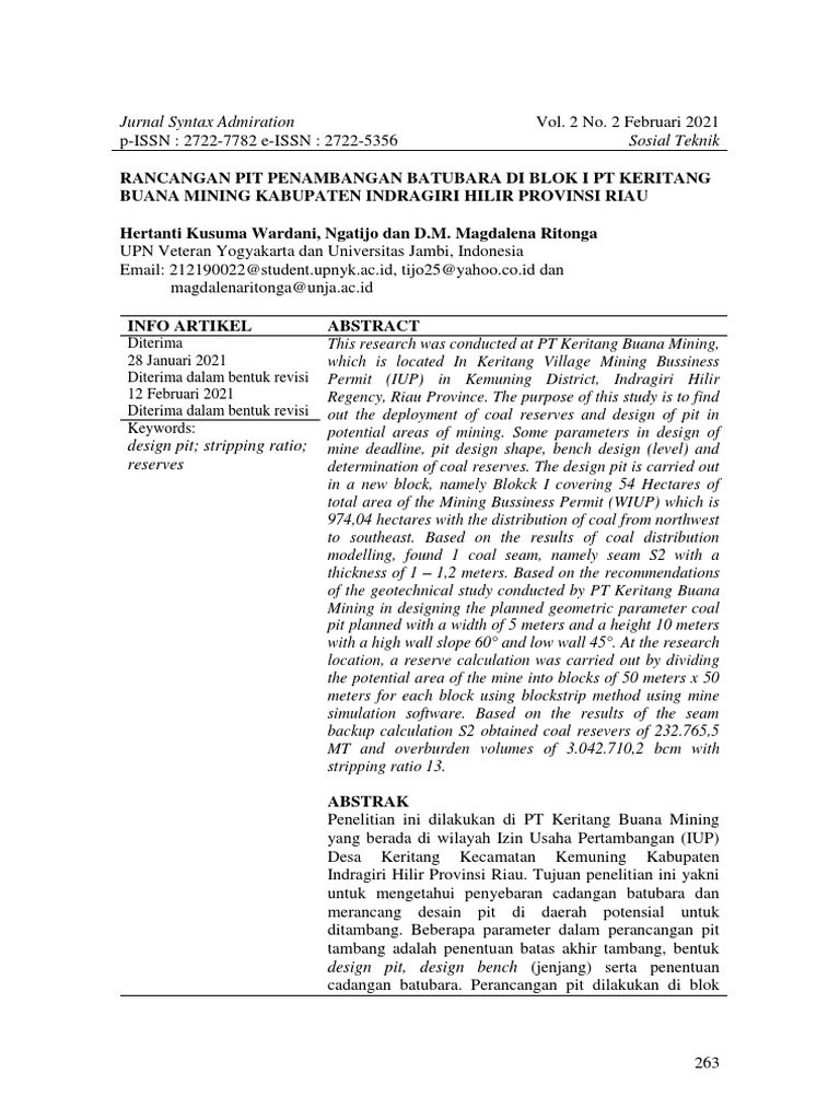 Rancangan Pit Penambangan Batubara Di Blok I Pt Ke Download Free Pdf