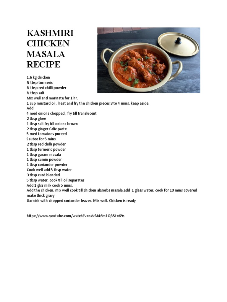 Chicken Kashmiri Masala Recipe PDF