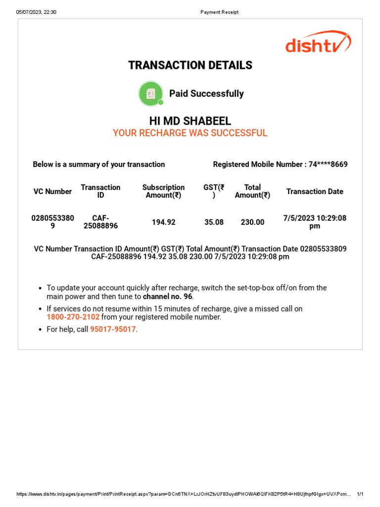 Dish Payment Receipt PDF