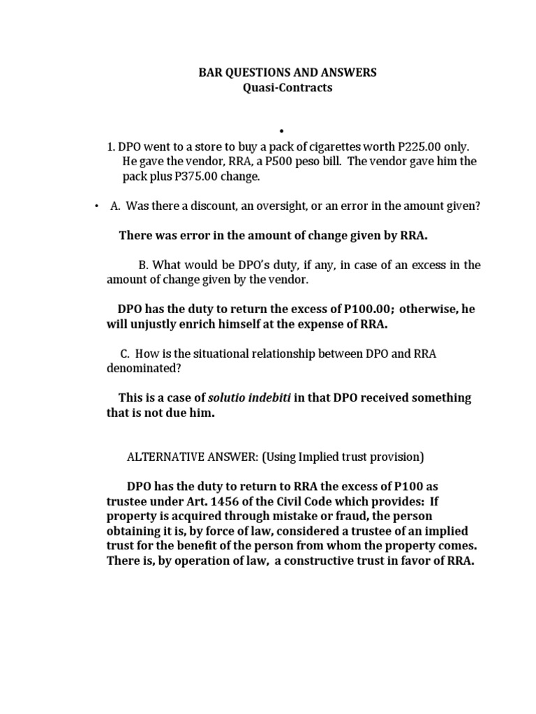 Bar Exam Questions On Quasi PDF