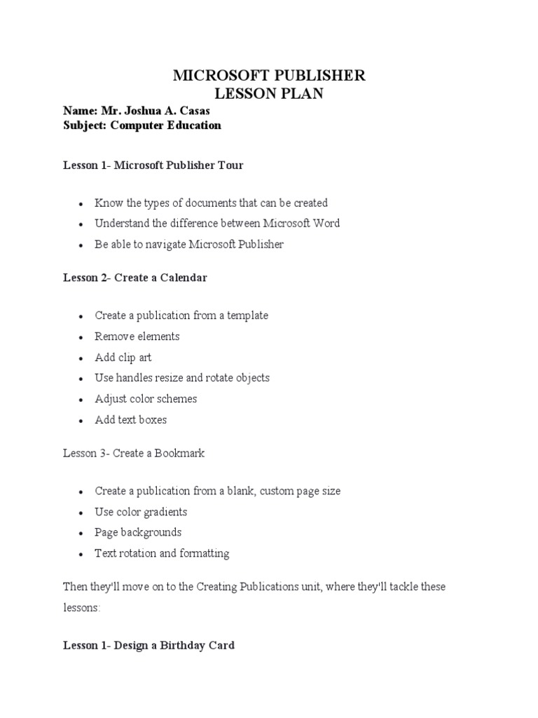 MICROSOFT PUBLISHER Lesson Plan | PDF