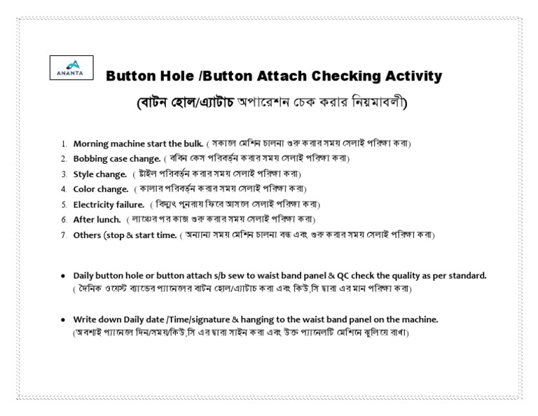Button Hole,Button Attach Quality Sop | PDF