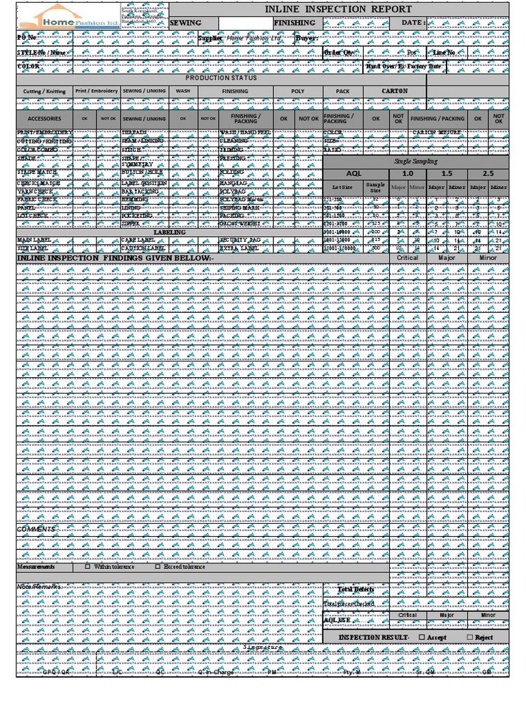 Inline Inspection Format | PDF | Knitting | Sewing