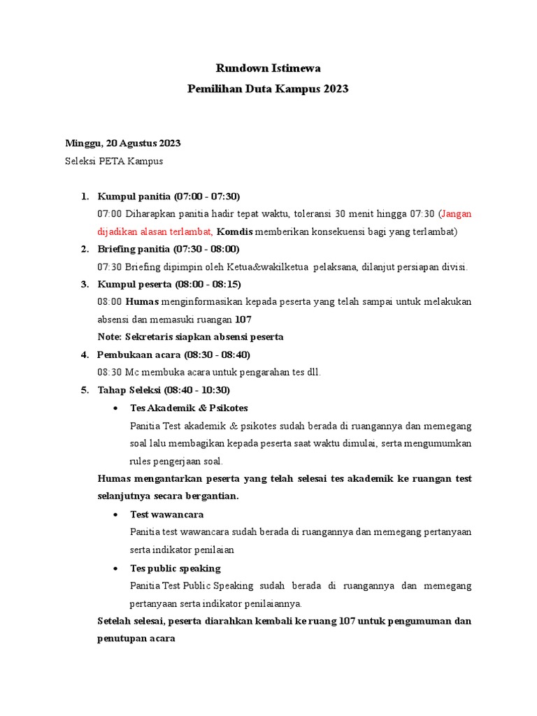 Rundown Pemilihan Duta Kampus 2023 | PDF | Seni | Teknologi & Rekayasa