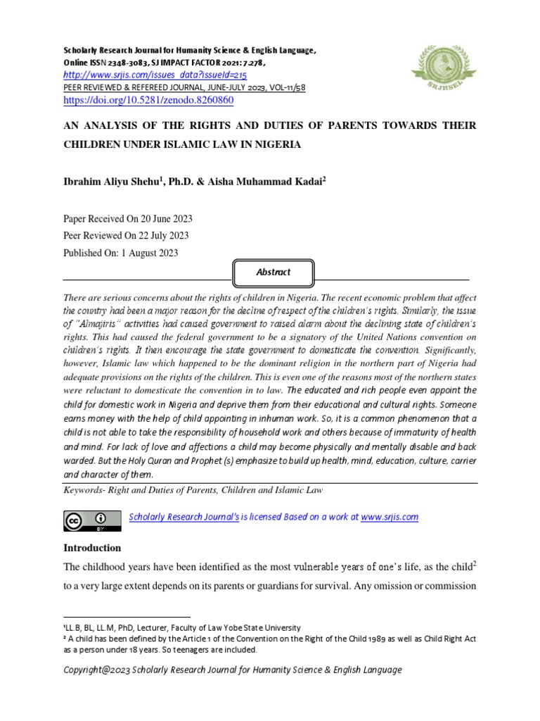 An Analysis of The Rights and Duties of Parents Towards Their Children ...