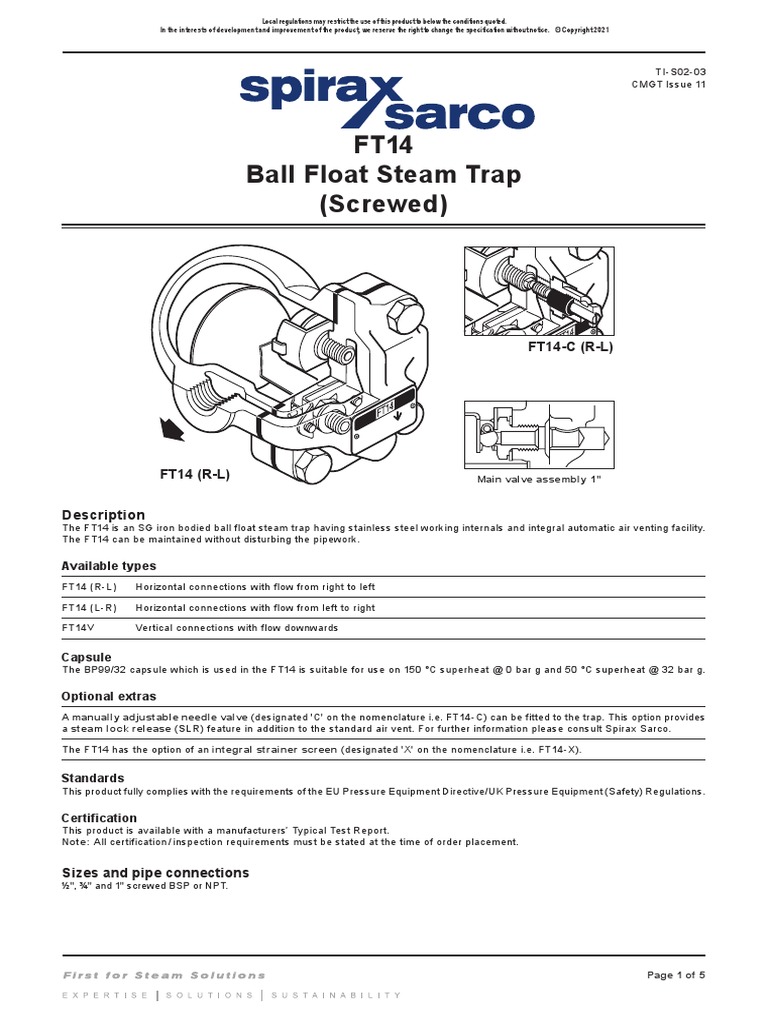 FT14 Ball Float Steam Trap (Screwed) : FT14-C (R-L) | PDF | Valve ...