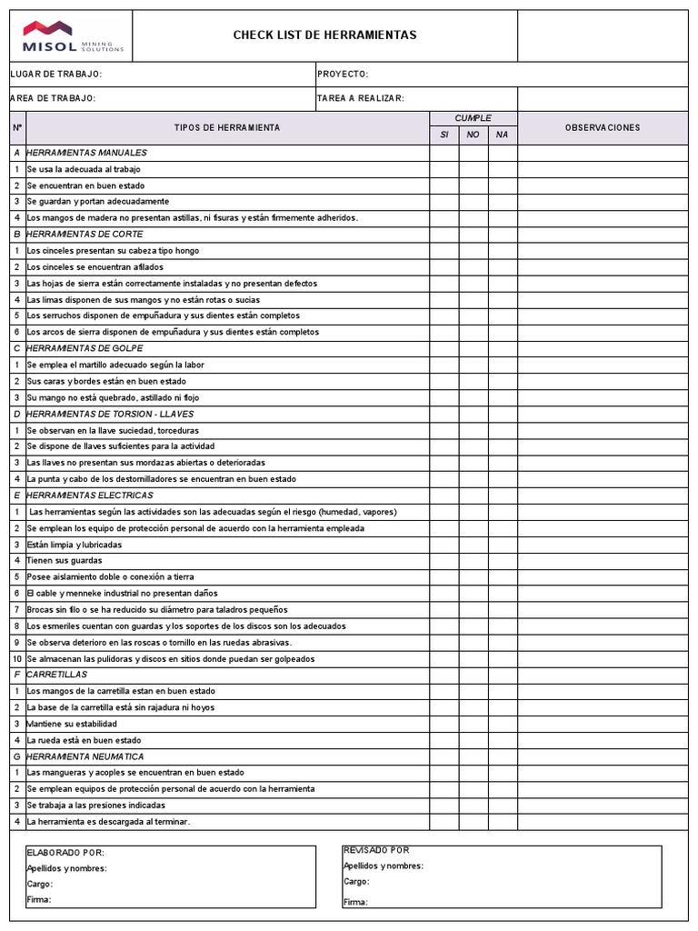 Ejemplos De Check List De Herramientas