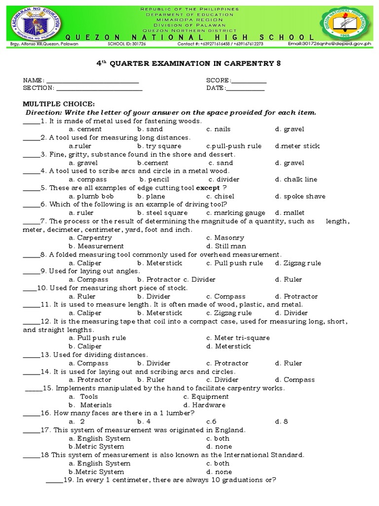 3RD Quarter Examination in Carpentry 8 PDF