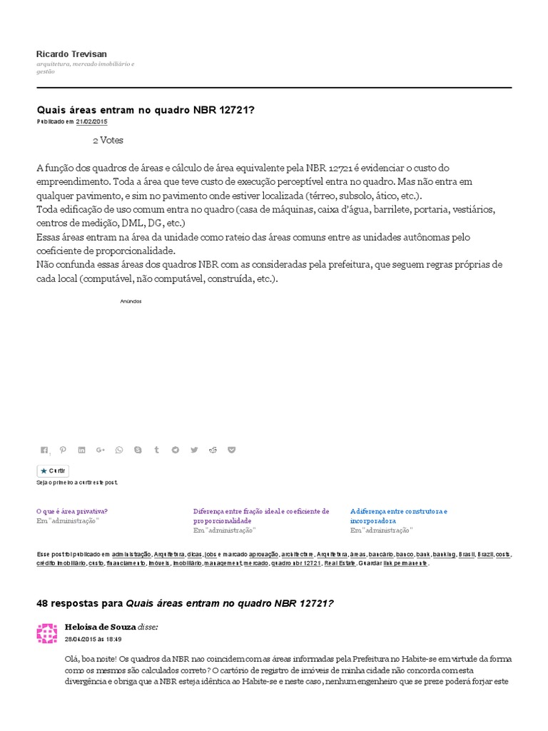Áreas no Quadro NBR 12721 | PDF | Condomínio | Cálculo