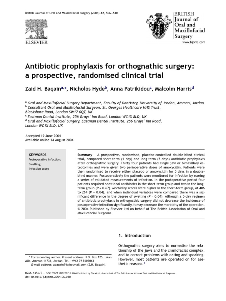 Antibiotic Prophylaxis For Orthognathic Surgery PDF Surgery Dentistry