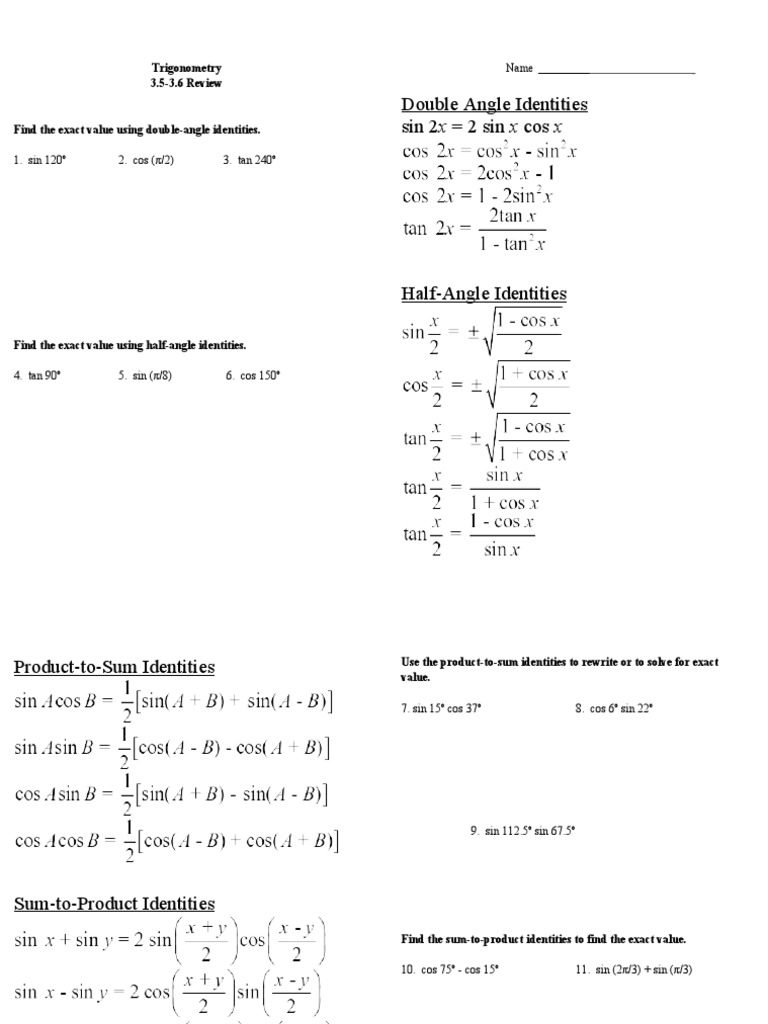 Trigonometry Double & Half-Angle Review | PDF | Teaching Methods ...