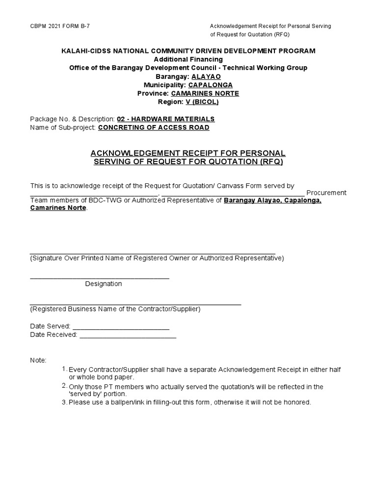 1.acknowledgement Receipt - Package 2 (Hardware Materials) | PDF