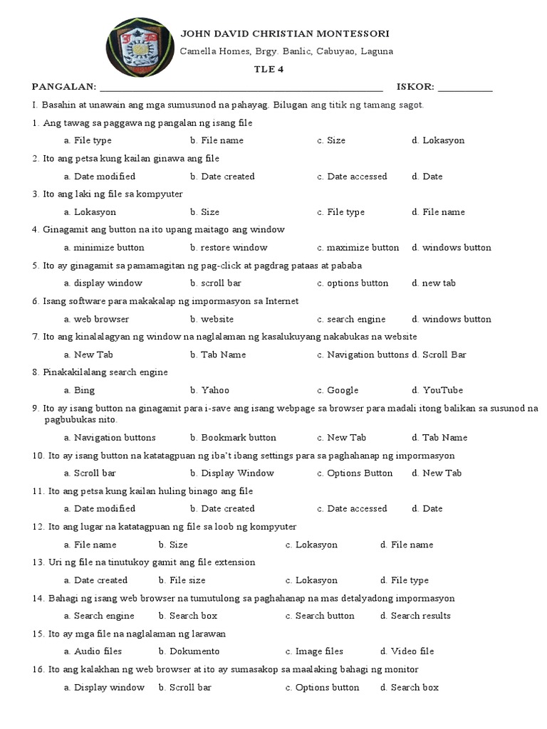 Computer Skills Quiz for Students | PDF
