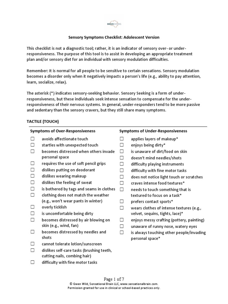 Sensory Symptoms Checklist for Adolescents | PDF