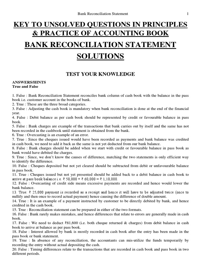 Answer Key To Bank Reconciliation Statement 14122021 PDF Banks