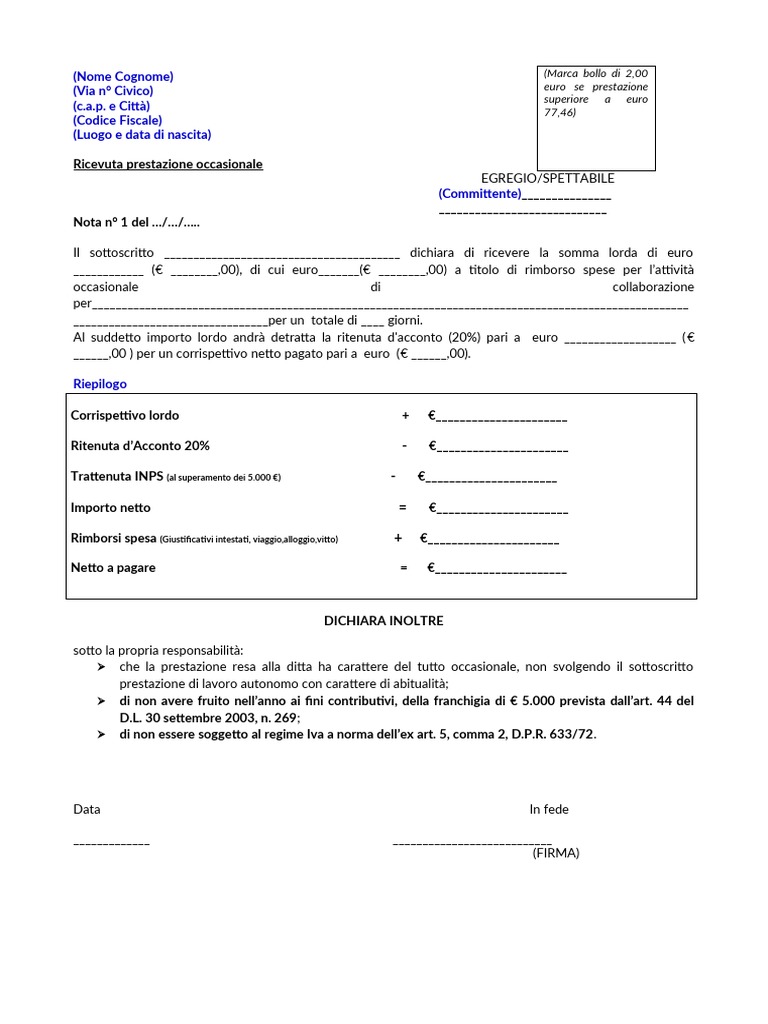 Modello Ricevuta Prestazione Occasionale | PDF
