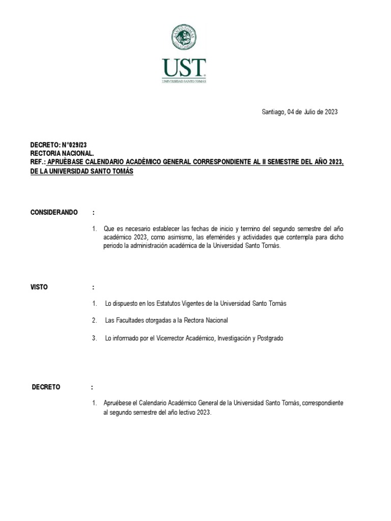 Calendario Acadèmico General Ii Semestre Ust PDF
