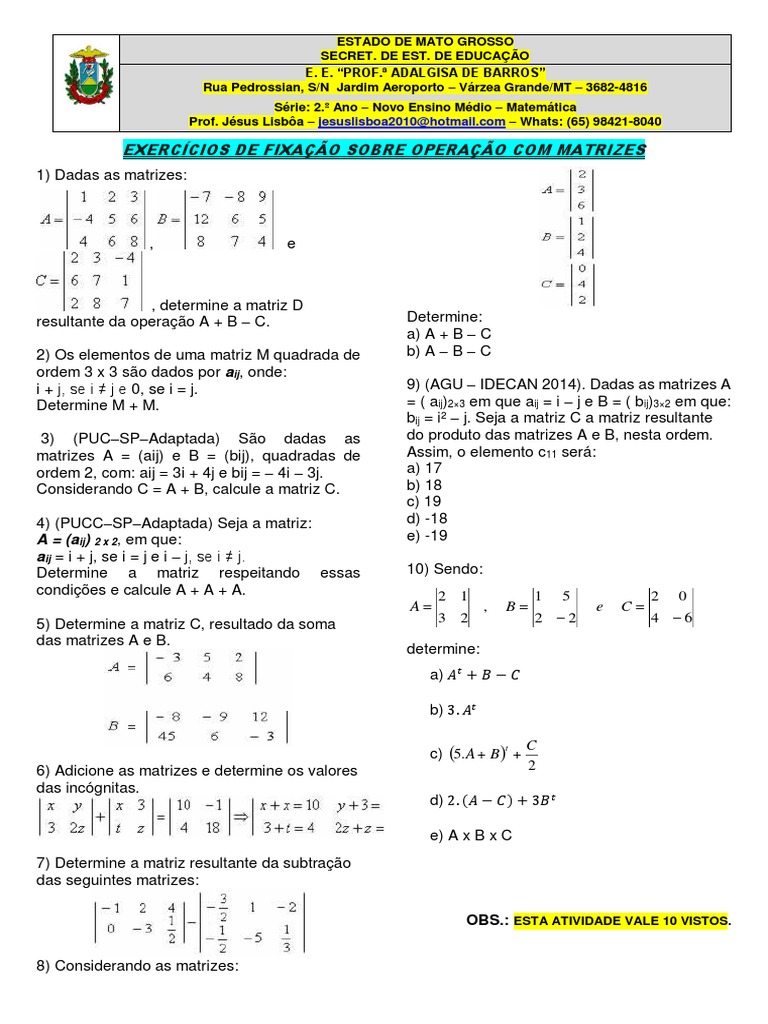 Exercícios de Operações com Matrizes | PDF | Matriz (Matemática ...