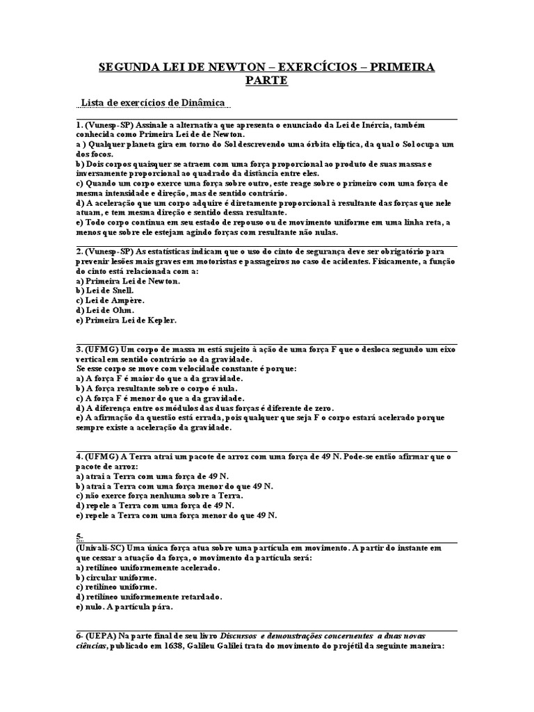 Exercícios sobre a Segunda Lei de Newton | PDF | Leis do Movimento de ...