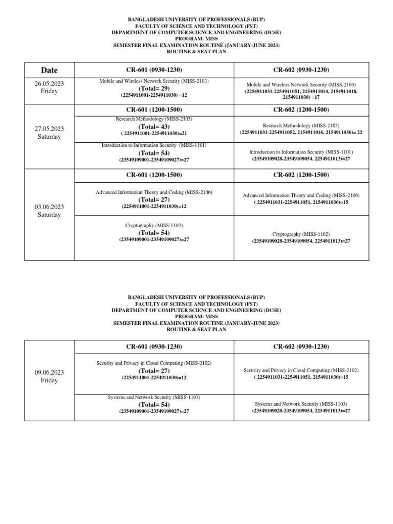 Exam Routine & Seat Plan (January-June) 2023 | PDF | Science ...