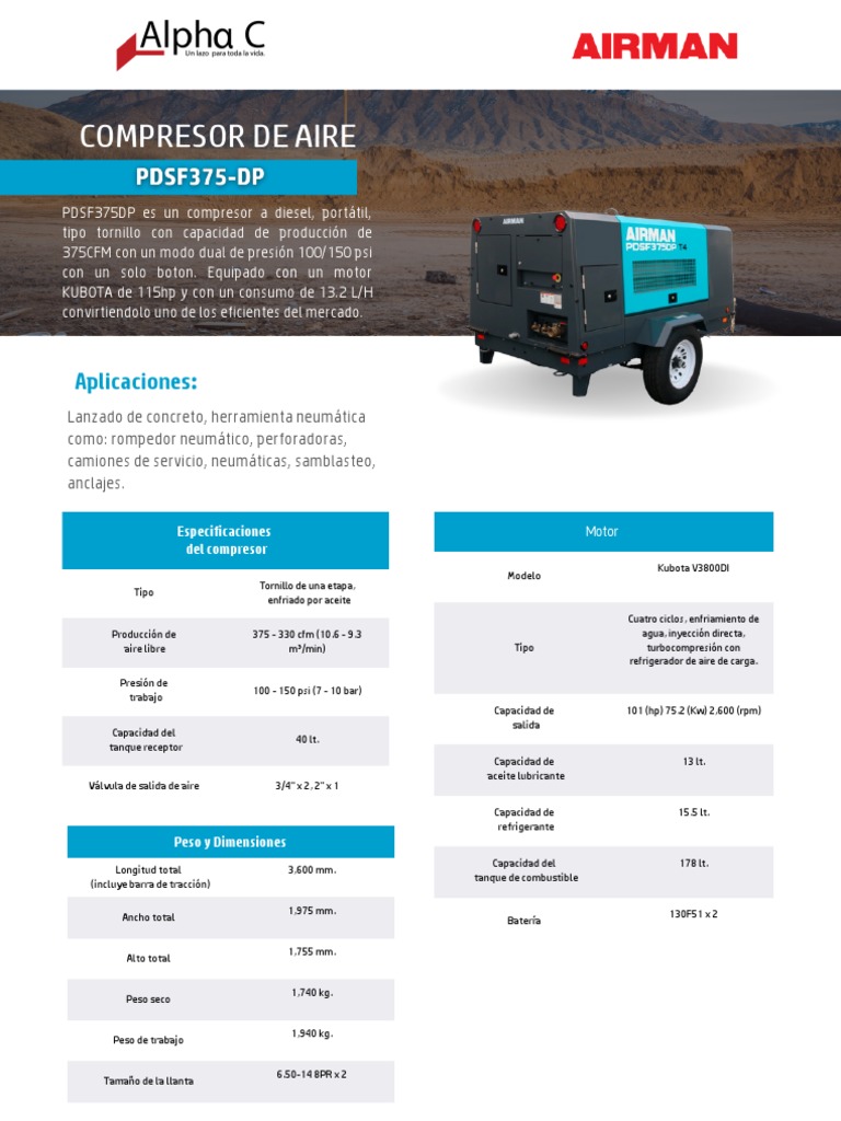 Compresor de Aire Diesel PDSF375DP Especificaciones | PDF | Tecnología ...
