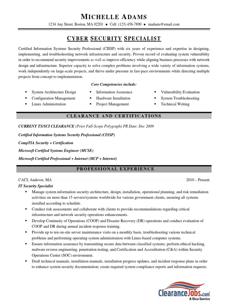 Cyber Security Specialist Resume Sample | PDF