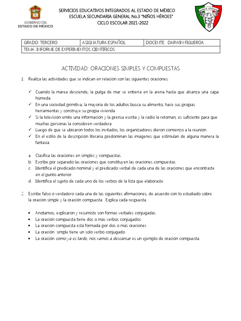 Actividades de Oraciones Simples y Compuestas | PDF | Verbo | Oración ...