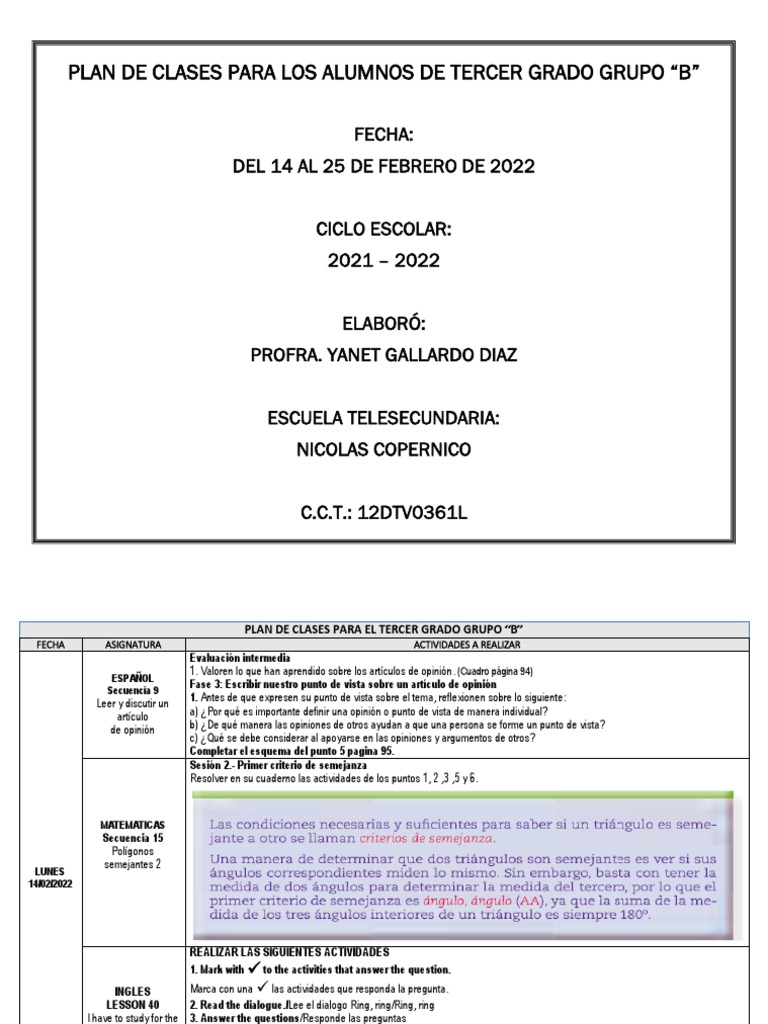 Plan de Clases Tercer Grado B | PDF