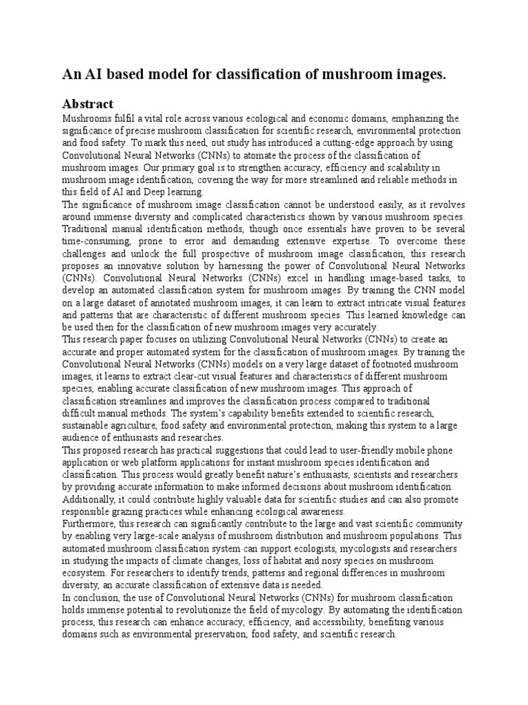 An AI Based Model For Classification of Mushroom Images | PDF
