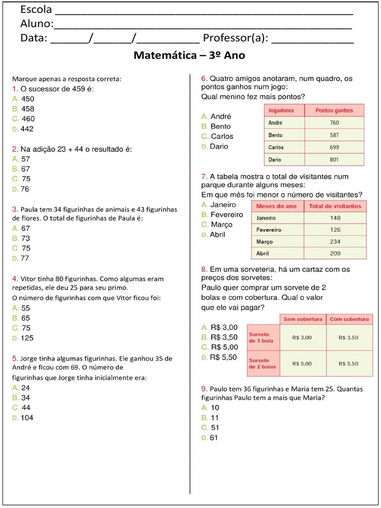 Avaliação de Matemática para o 3 Ano 2 Bimestre | PDF