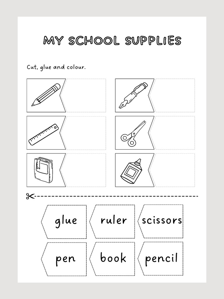 Black and White Illustrative School Supplies Worksheet PDF