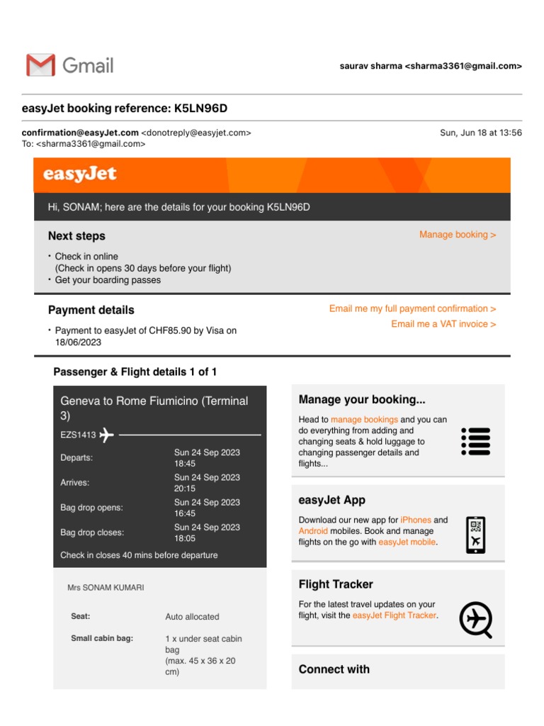 EasyJet Booking Reference K5LN96D PDF